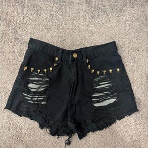 Black Distressed Women Shorts with Gold Accents